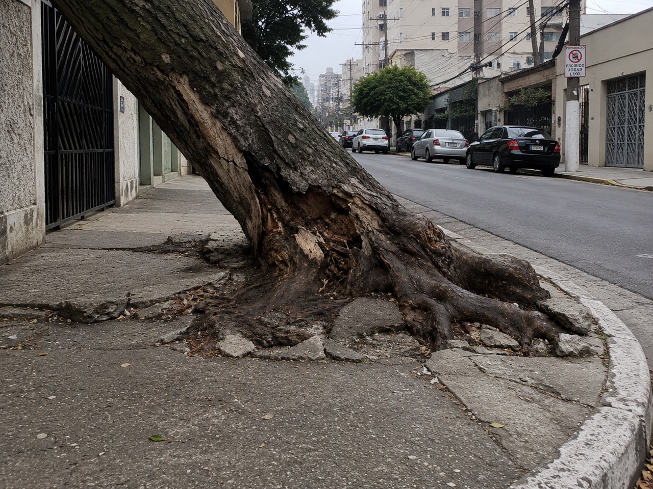 Árvore inclinada na calçada com raízes expostas rompendo o piso, em rua urbana
